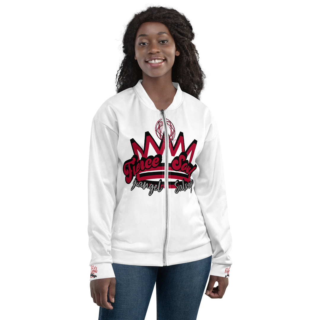 Fierce Soul, 70's lettering ,White Unisex Bomber Jacket