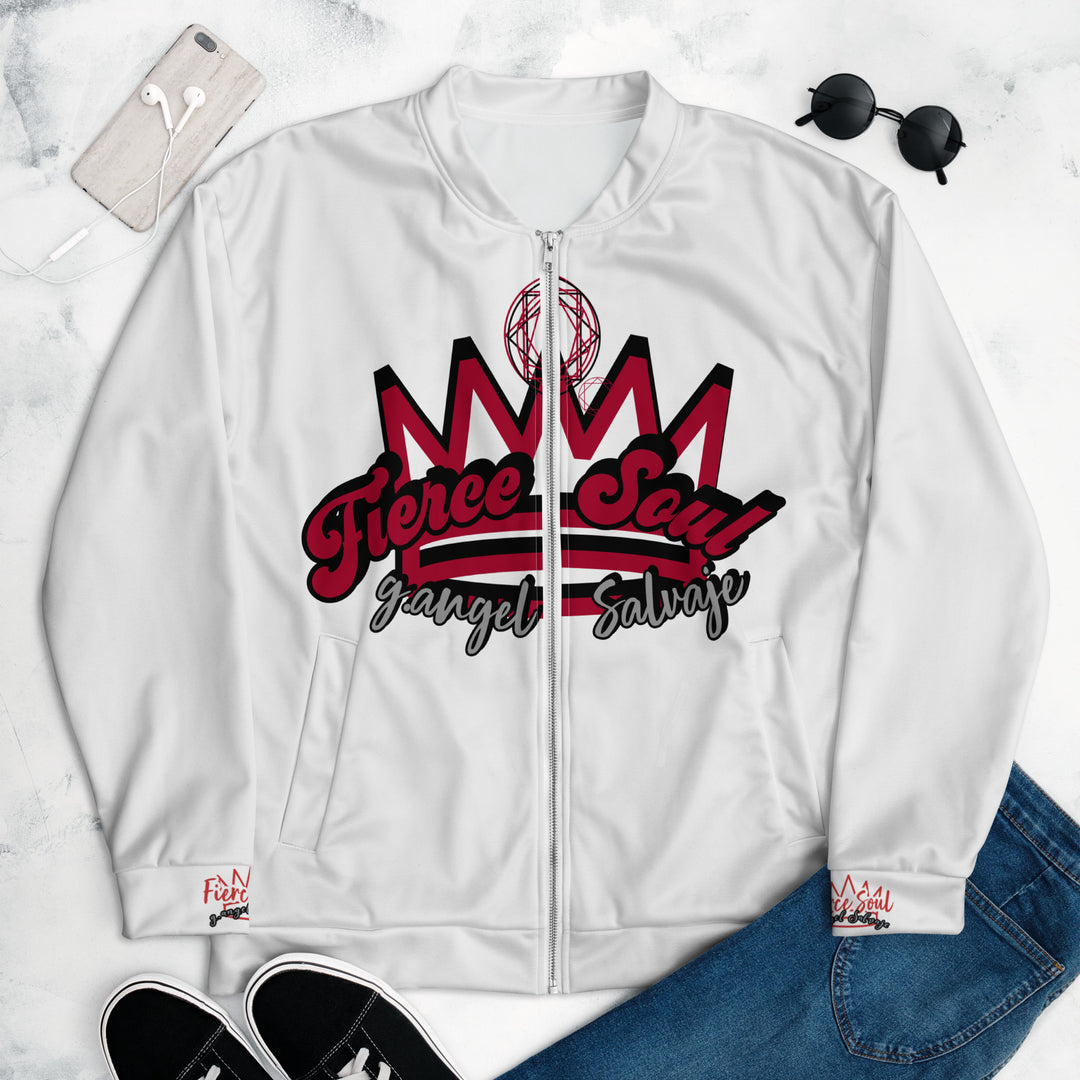 Fierce Soul, 70's lettering ,White Unisex Bomber Jacket