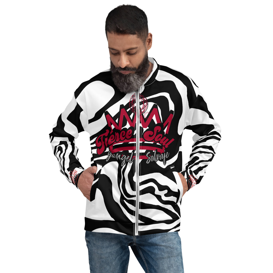 Fierce Soul, Black and White Zebra Unisex Bomber Jacket