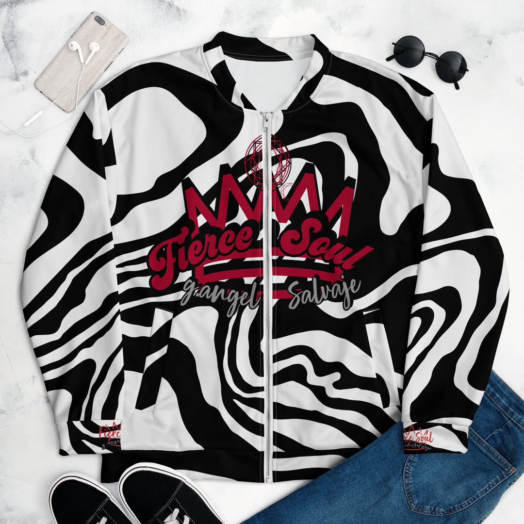 Fierce Soul, Black and White Zebra Unisex Bomber Jacket