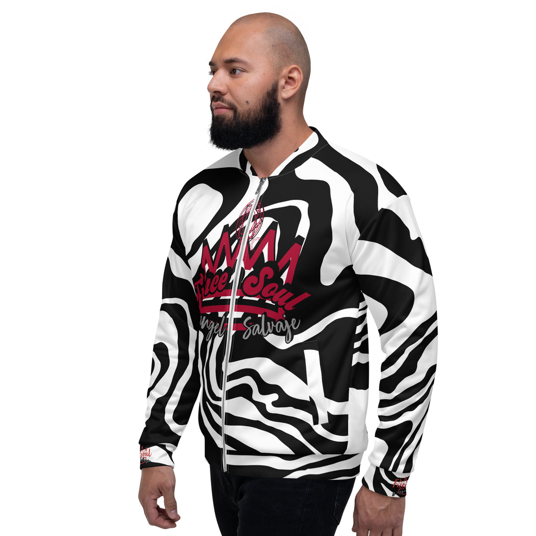 Fierce Soul, Black and White Zebra Unisex Bomber Jacket