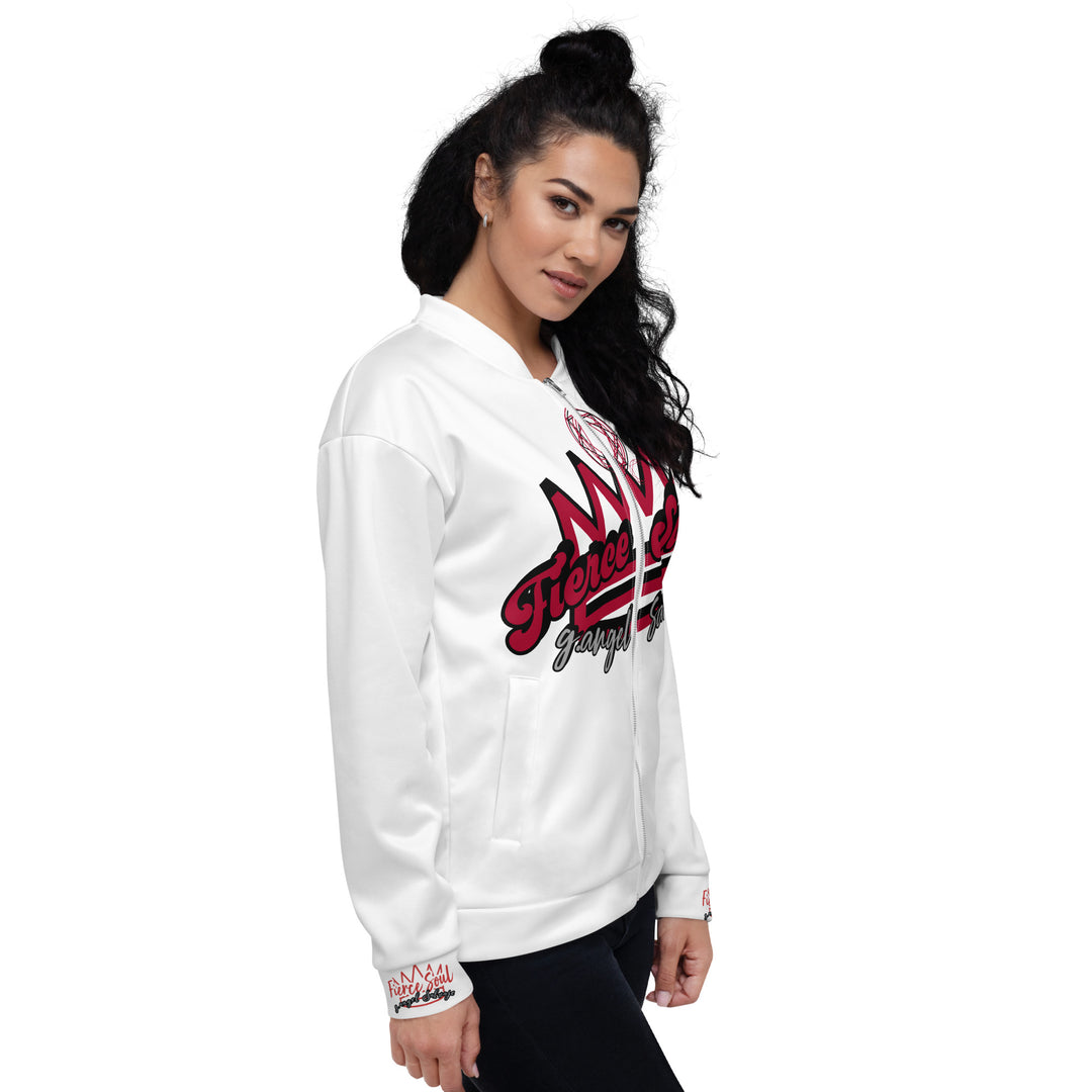 Fierce Soul, 70's lettering ,White Unisex Bomber Jacket