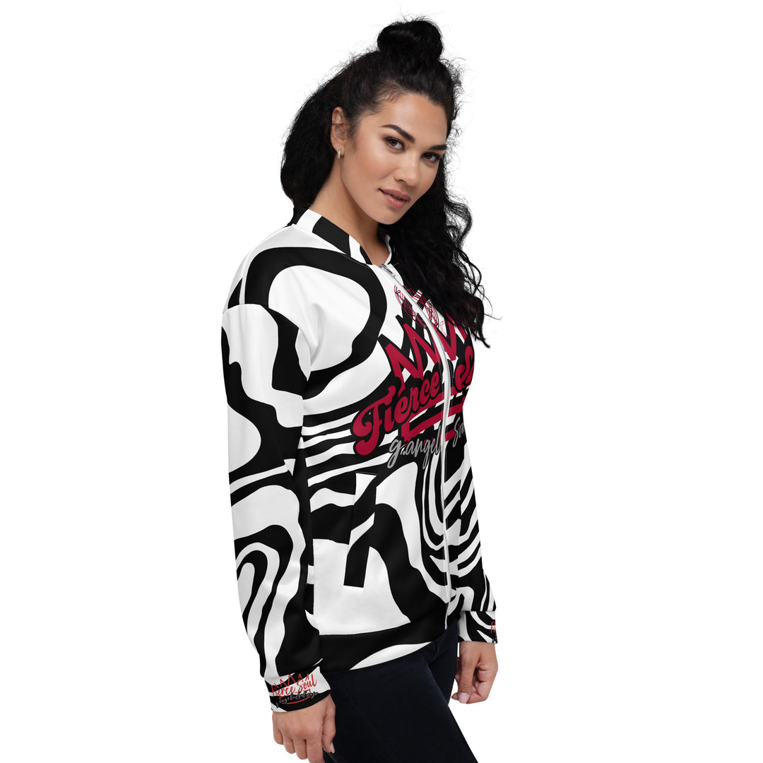 Fierce Soul, Black and White Zebra Unisex Bomber Jacket