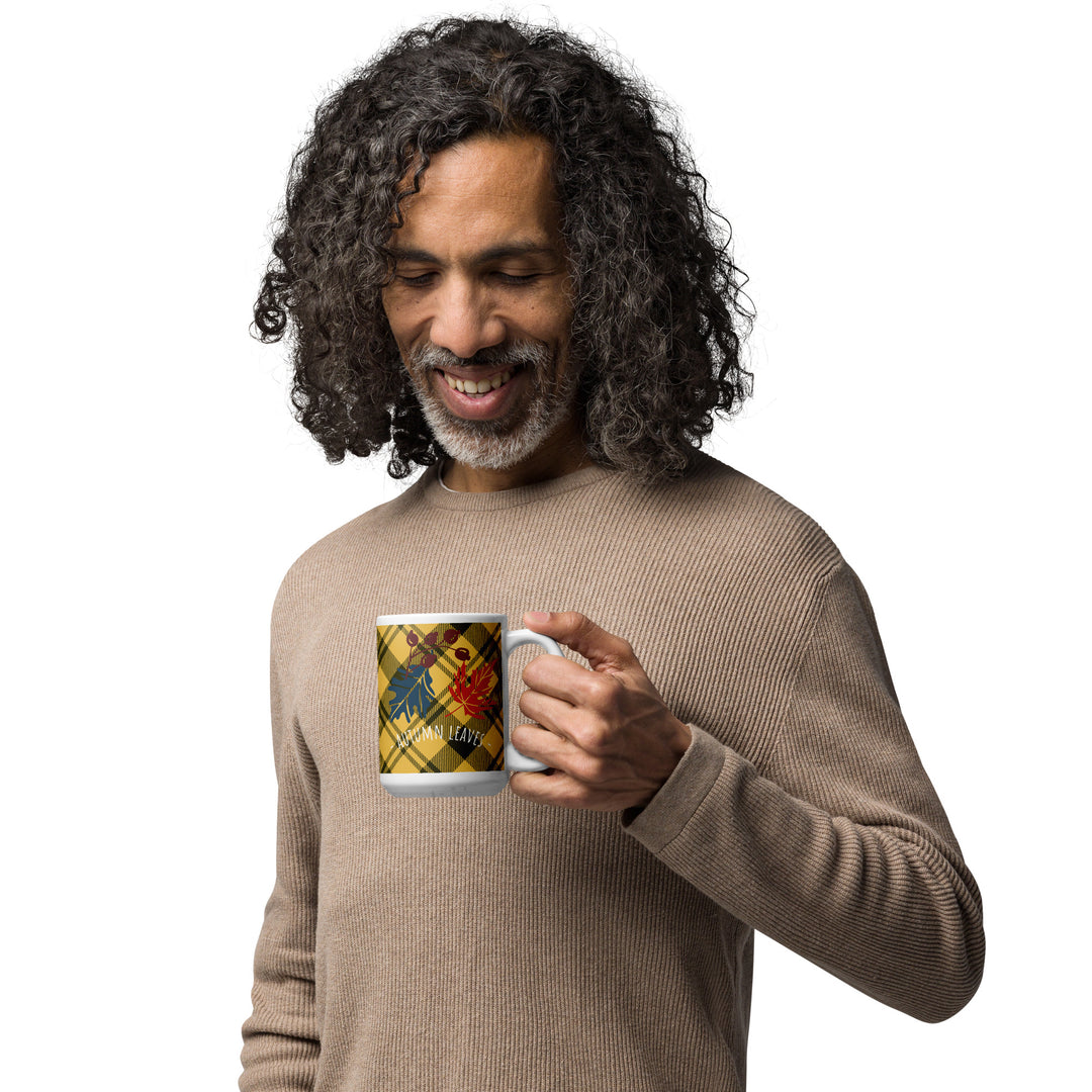 Autumn Leaves,  Yellow & Black Plaid on White glossy mug