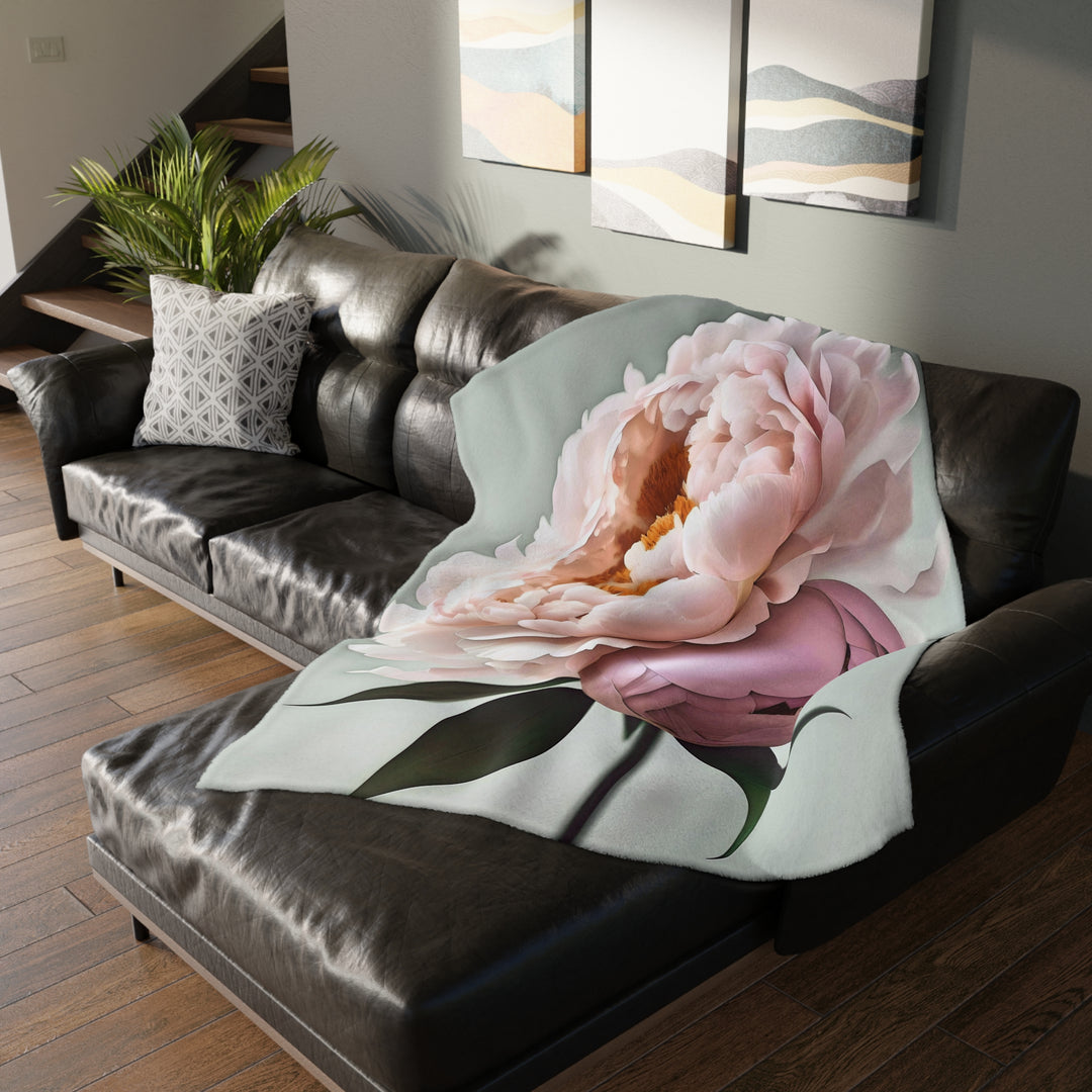 Peach Peony on Mint, grey border Velveteen Minky Blanket (Two-sided print)