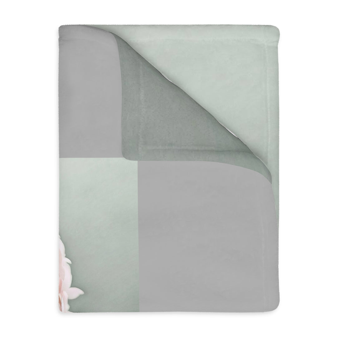 Peach Peony on Mint, grey border Velveteen Minky Blanket (Two-sided print)