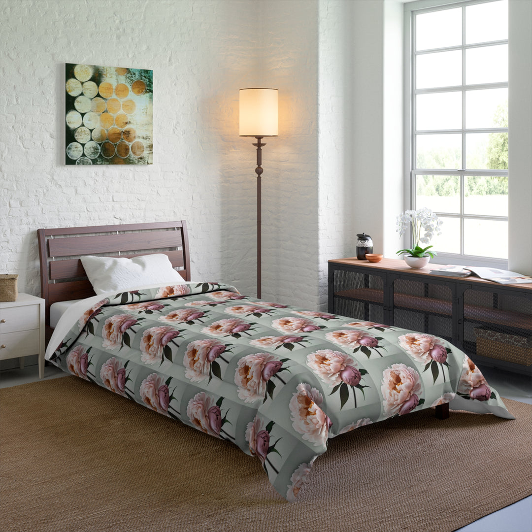 Peach Peonies on Mint Comforter