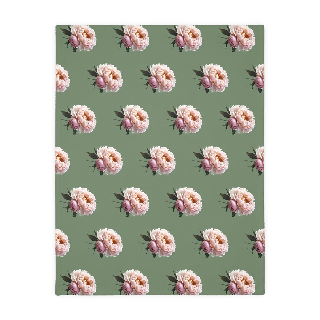 Peach Peony on 1886 Green Velveteen Minky Blanket (Two-sided print)