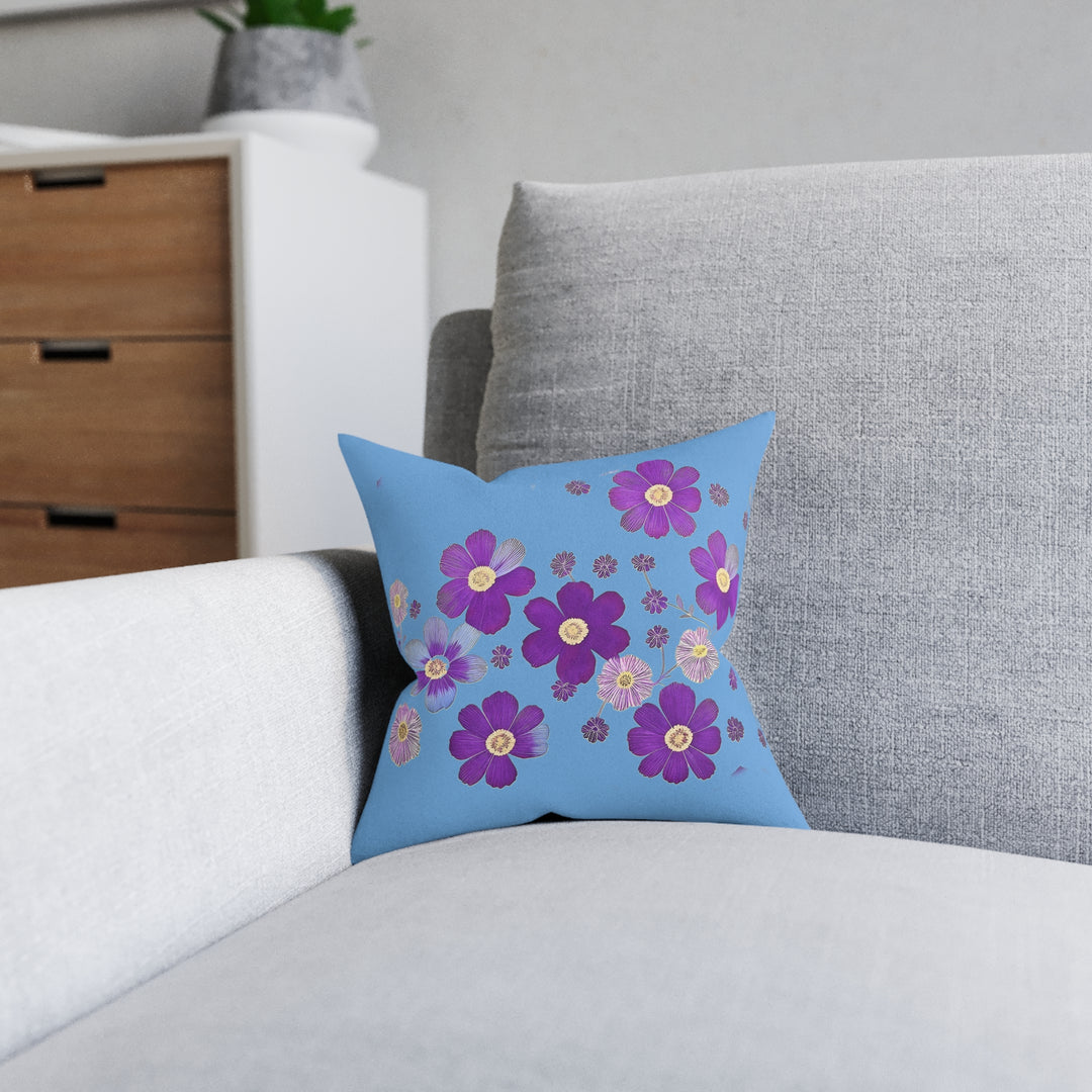 Blue &Purple Flowers, Square Pillow - Pink Back