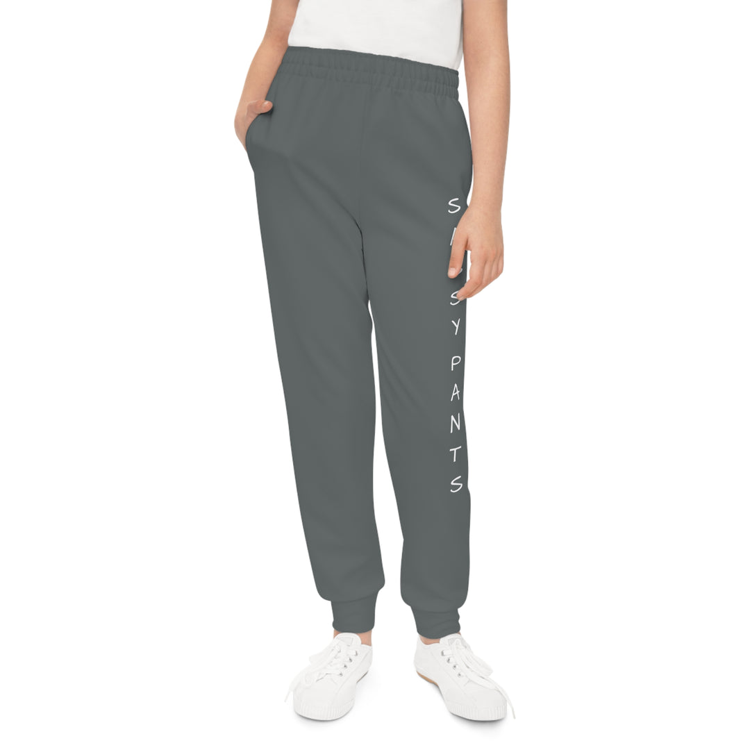 Dark Grey, White Letters Sassy Pants Youth Joggers (AOP)