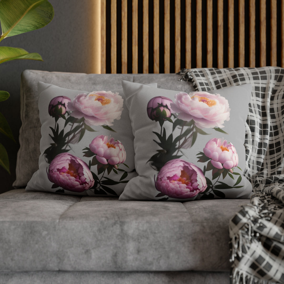 Peony Bouquet on Grey Spun Polyester Square Pillow Case