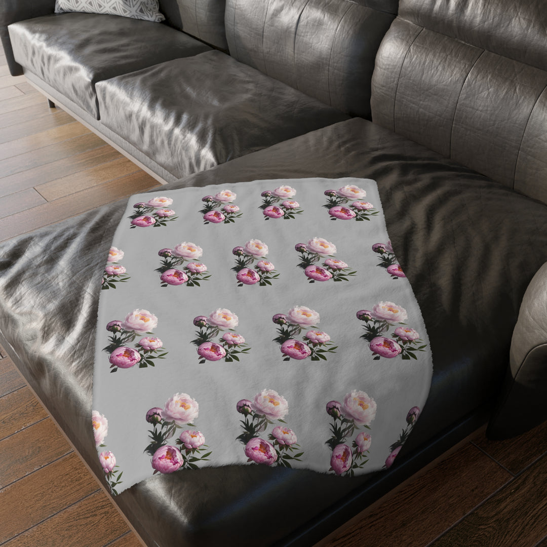 Peony Bouquet on Grey Velveteen Minky Blanket (Two-sided print)