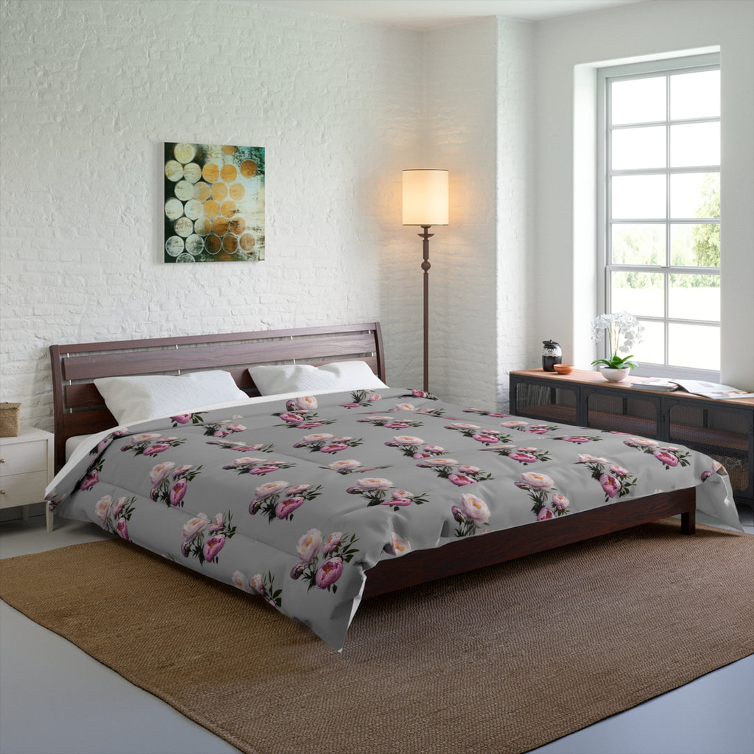 Peony Bouquet on Grey  Comforter