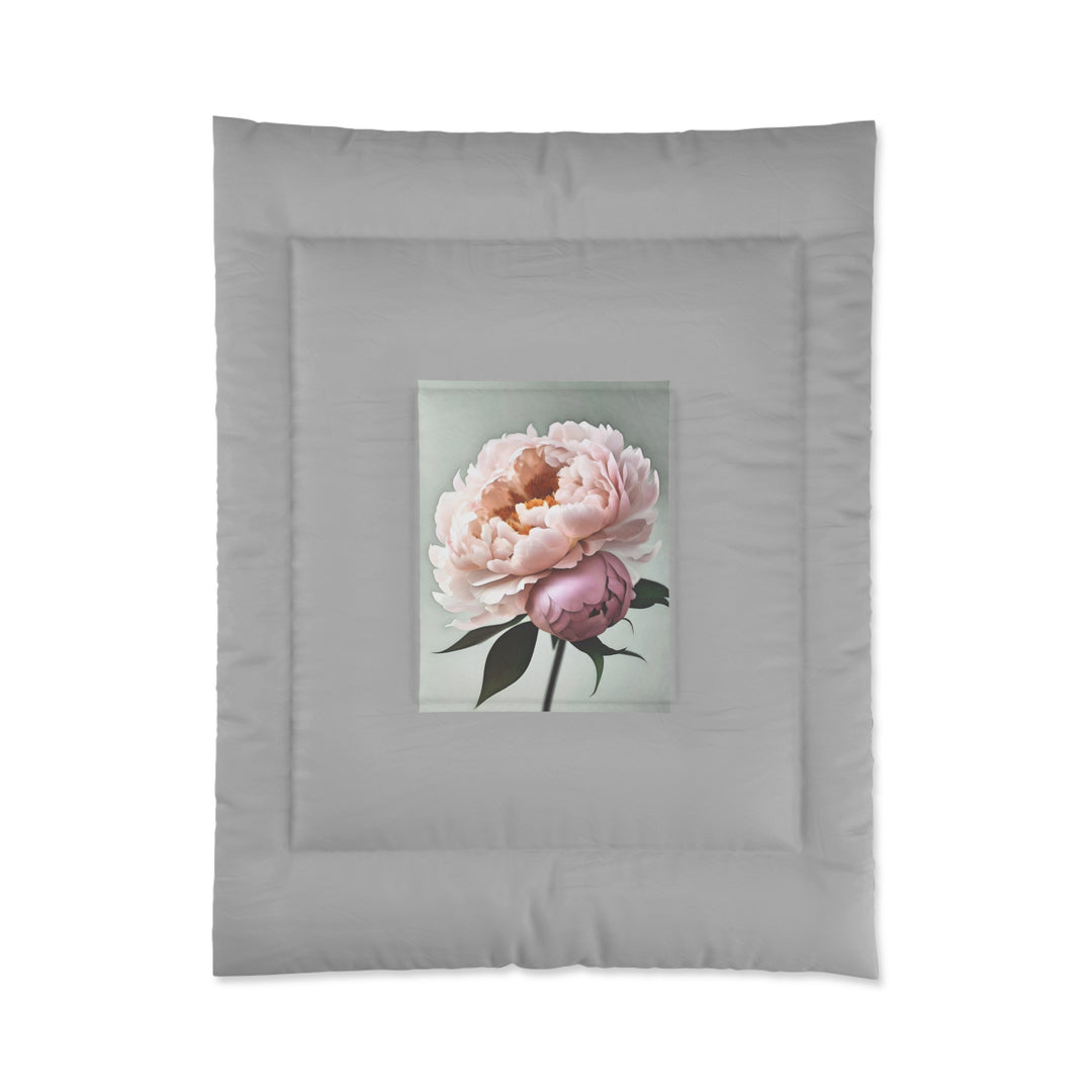 Copy of Peach Peonies Style 3 on Mint, light grey border Comforter