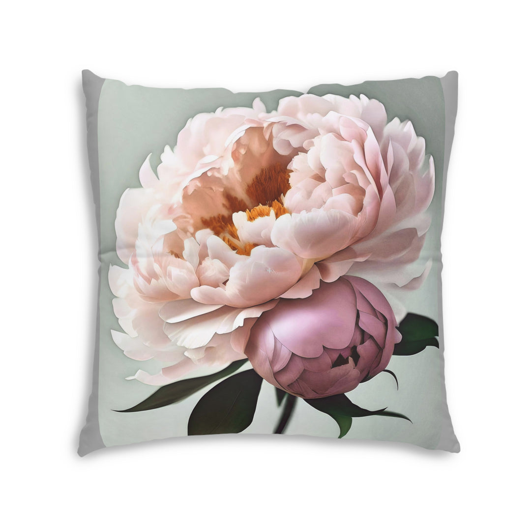 Peach Peonies on mint with grey edges Tufted Floor Pillow, Square