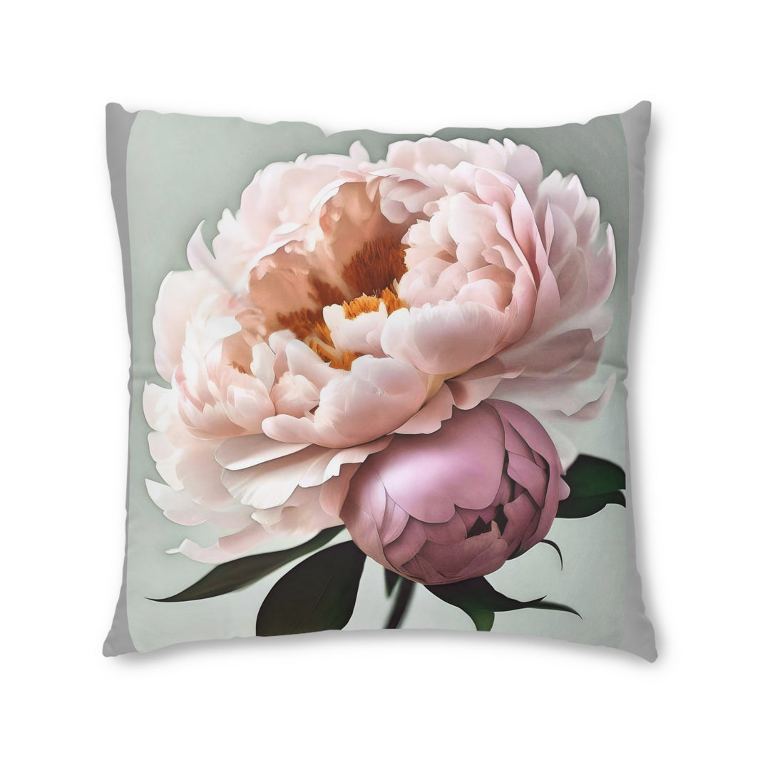 Peach Peonies on mint with grey edges Tufted Floor Pillow, Square