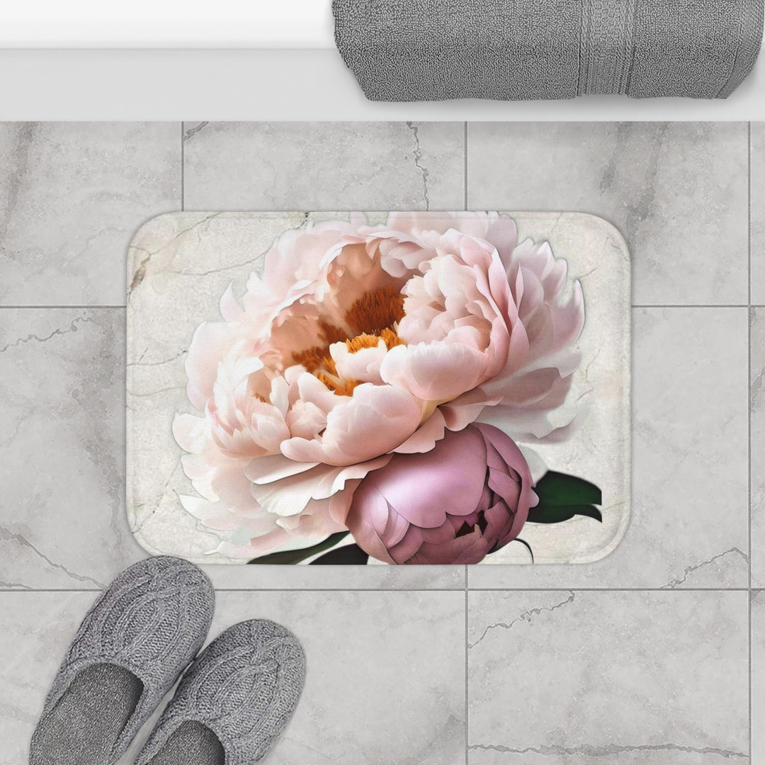 Peach Peony on Marbled Cream Bath Mat