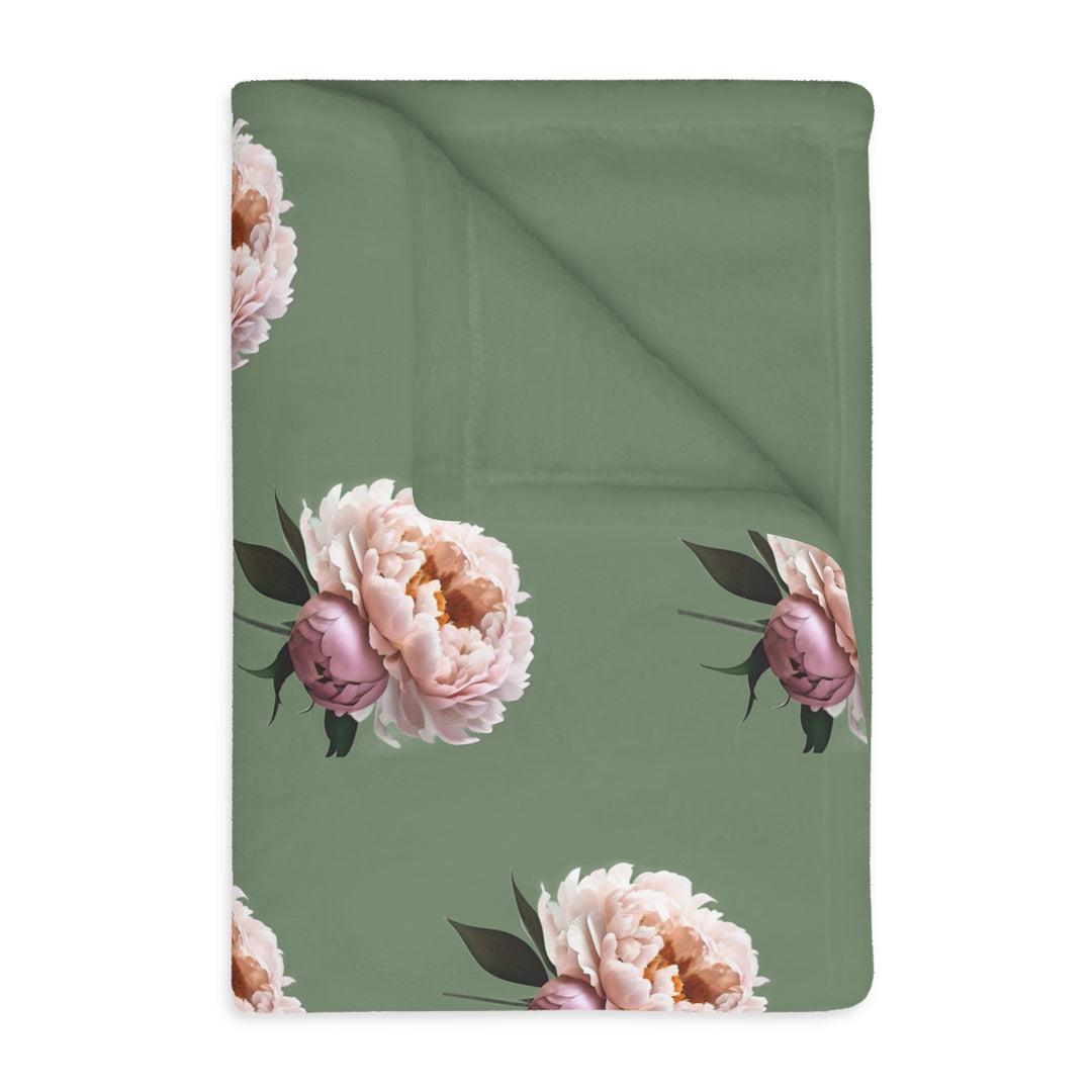 Peach Peony on 1886 Green Velveteen Minky Blanket (Two-sided print)