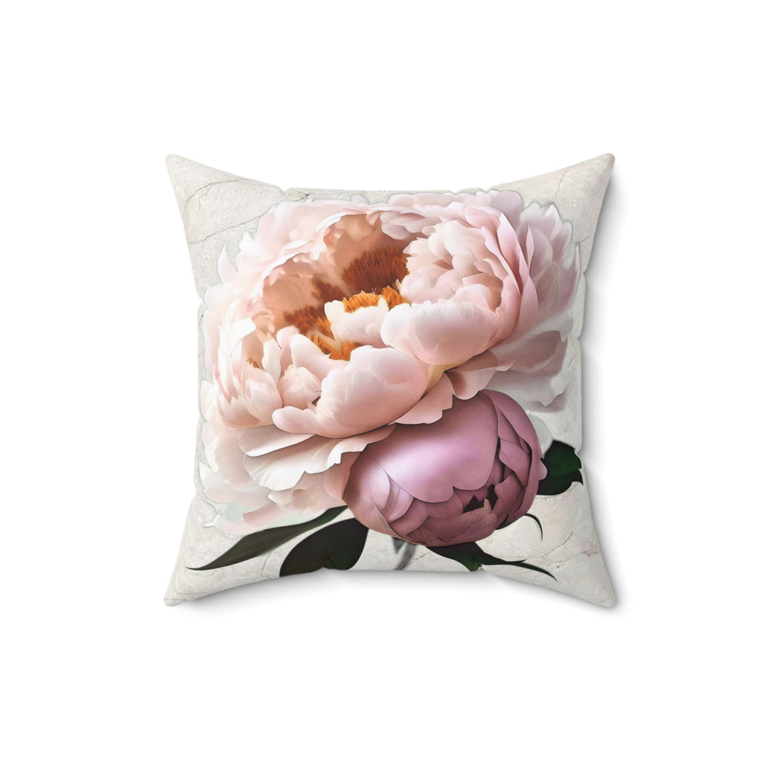 Peach Peony on Marbled Cream Faux Suede Square Pillow