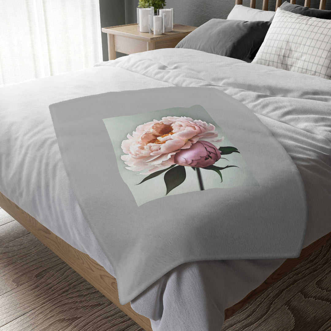 Peach Peony on Mint, grey border Velveteen Minky Blanket (Two-sided print)
