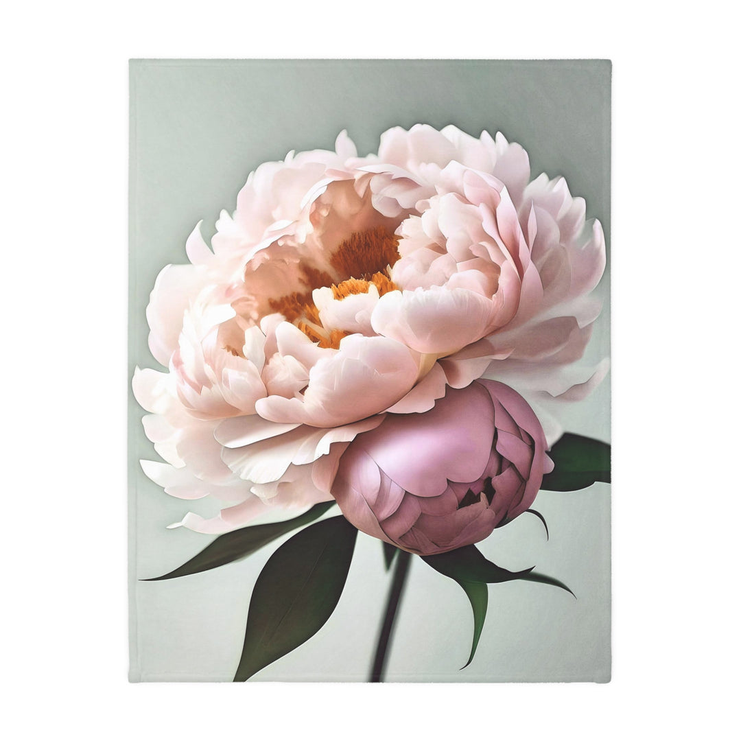 Peach Peony on Mint, grey border Velveteen Minky Blanket (Two-sided print)