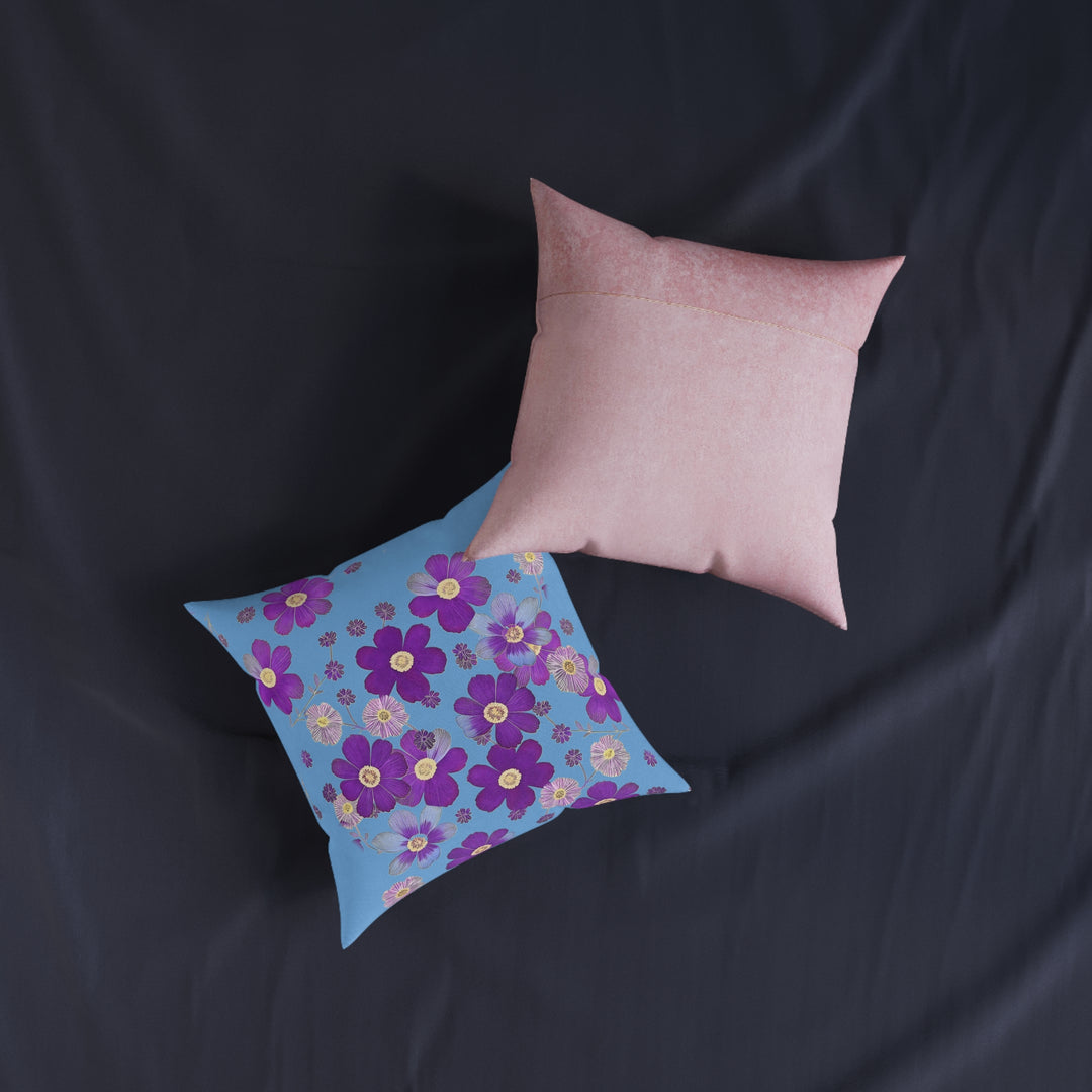 Showers of Blue &Purple Flowers, Square Pillow - Pink Back