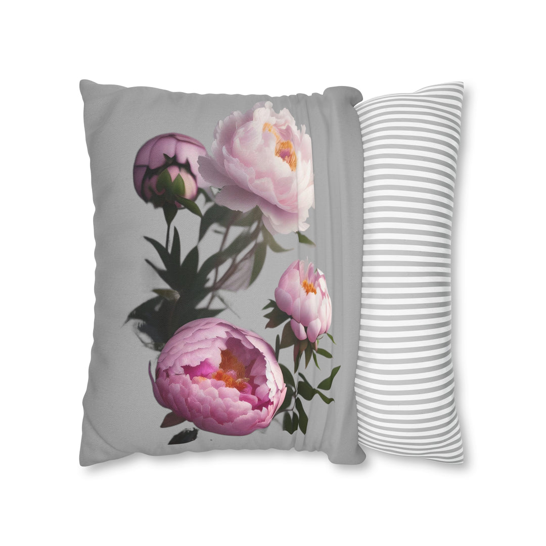 Peony Bouquet on Grey Spun Polyester Square Pillow Case
