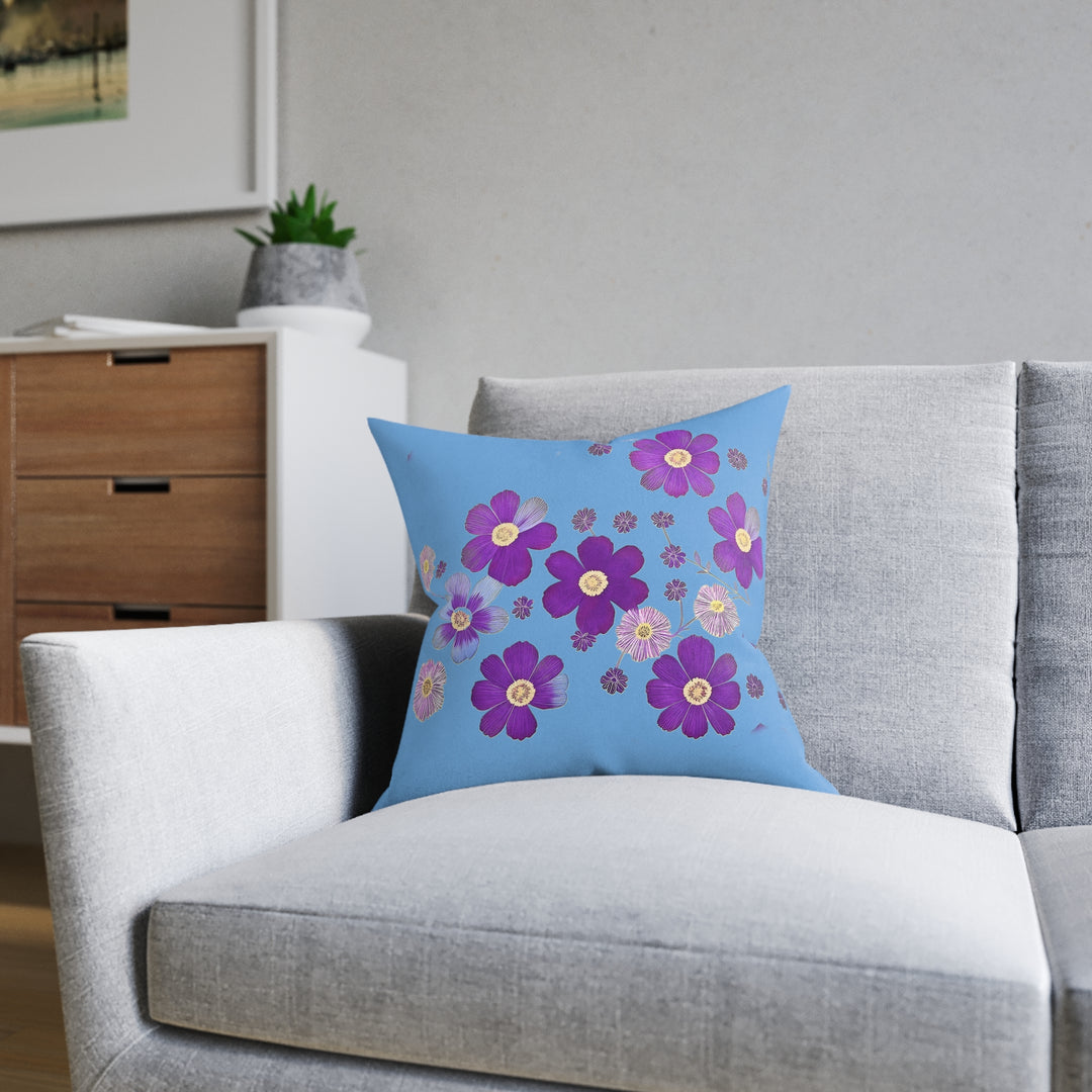 Blue &Purple Flowers, Square Pillow - Pink Back