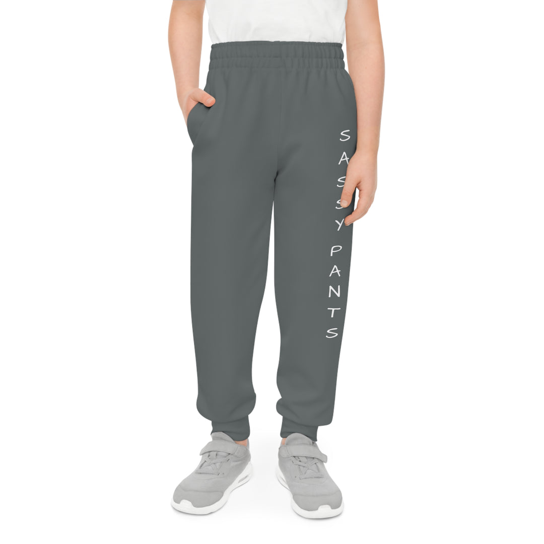 Dark Grey, White Letters Sassy Pants Youth Joggers (AOP)