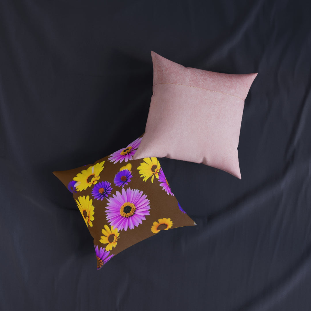 Le fleur on Brown , Square Pillow - Pink Back