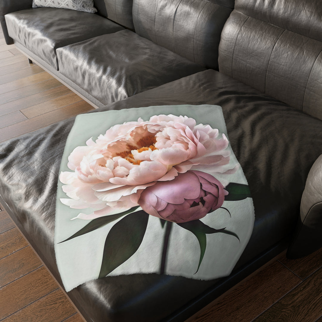 Peach Peony on Mint, grey border Velveteen Minky Blanket (Two-sided print)