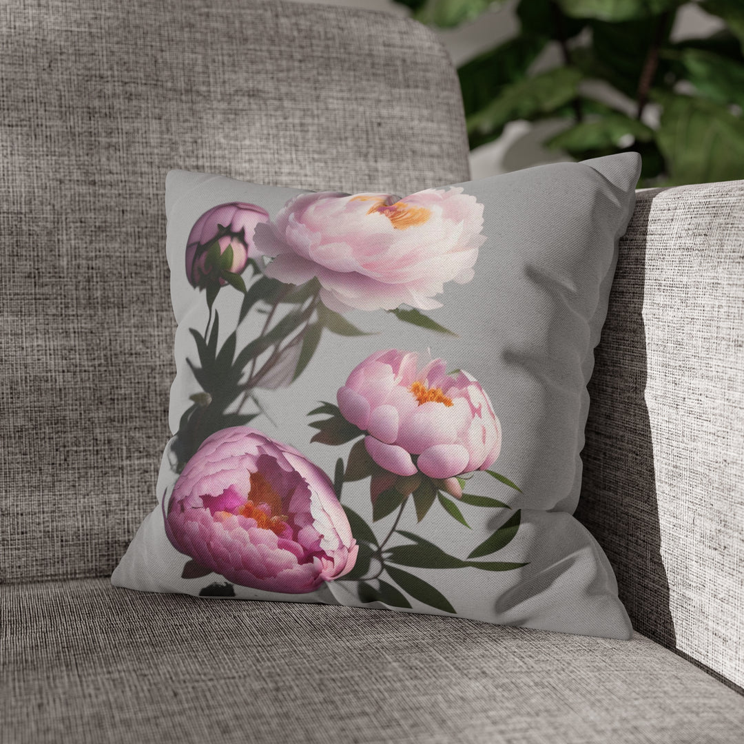 Peony Bouquet on Grey Spun Polyester Square Pillow Case