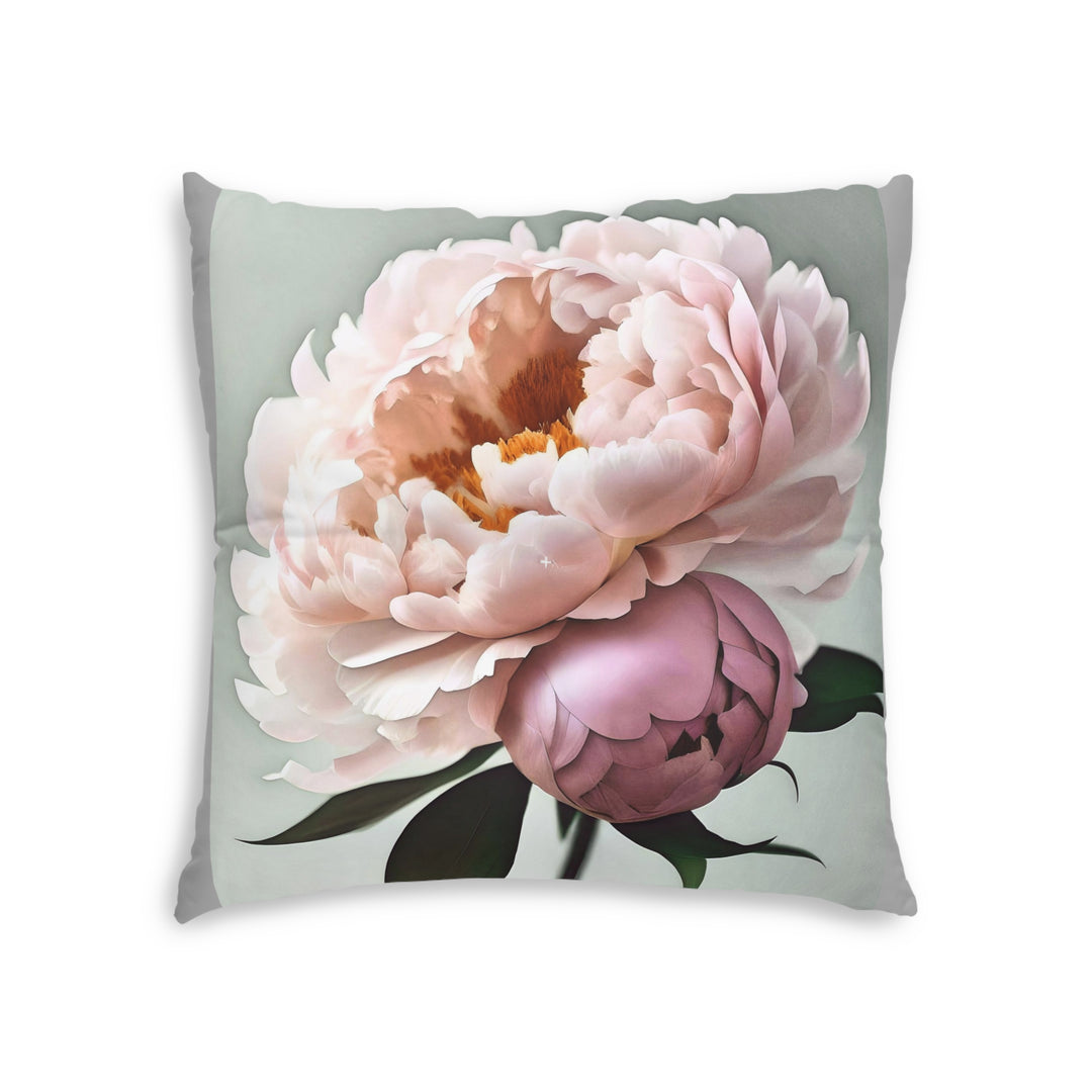 Peach Peonies on mint with grey edges Tufted Floor Pillow, Square