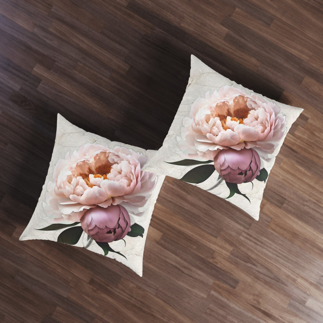 Peach Peonies on CreamTufted Floor Pillow, Square