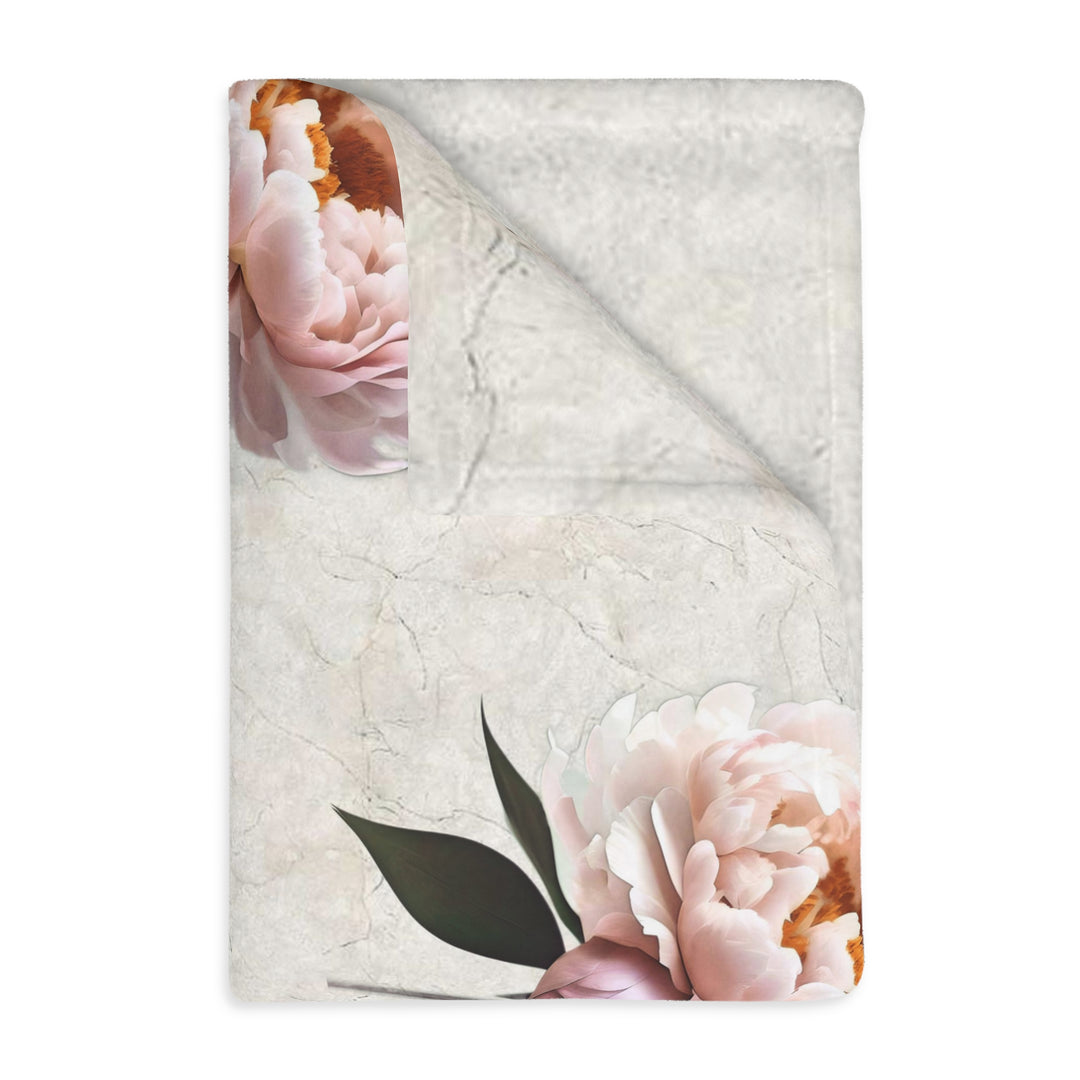Peach Peony on Marbled Cream Velveteen Minky Blanket (Two-sided print)