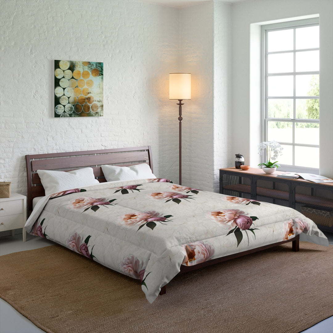 Peach Peony on cream Comforter