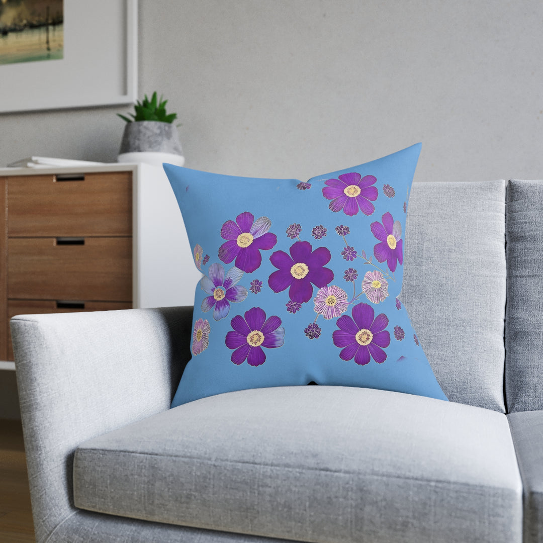 Blue &Purple Flowers, Square Pillow - Pink Back