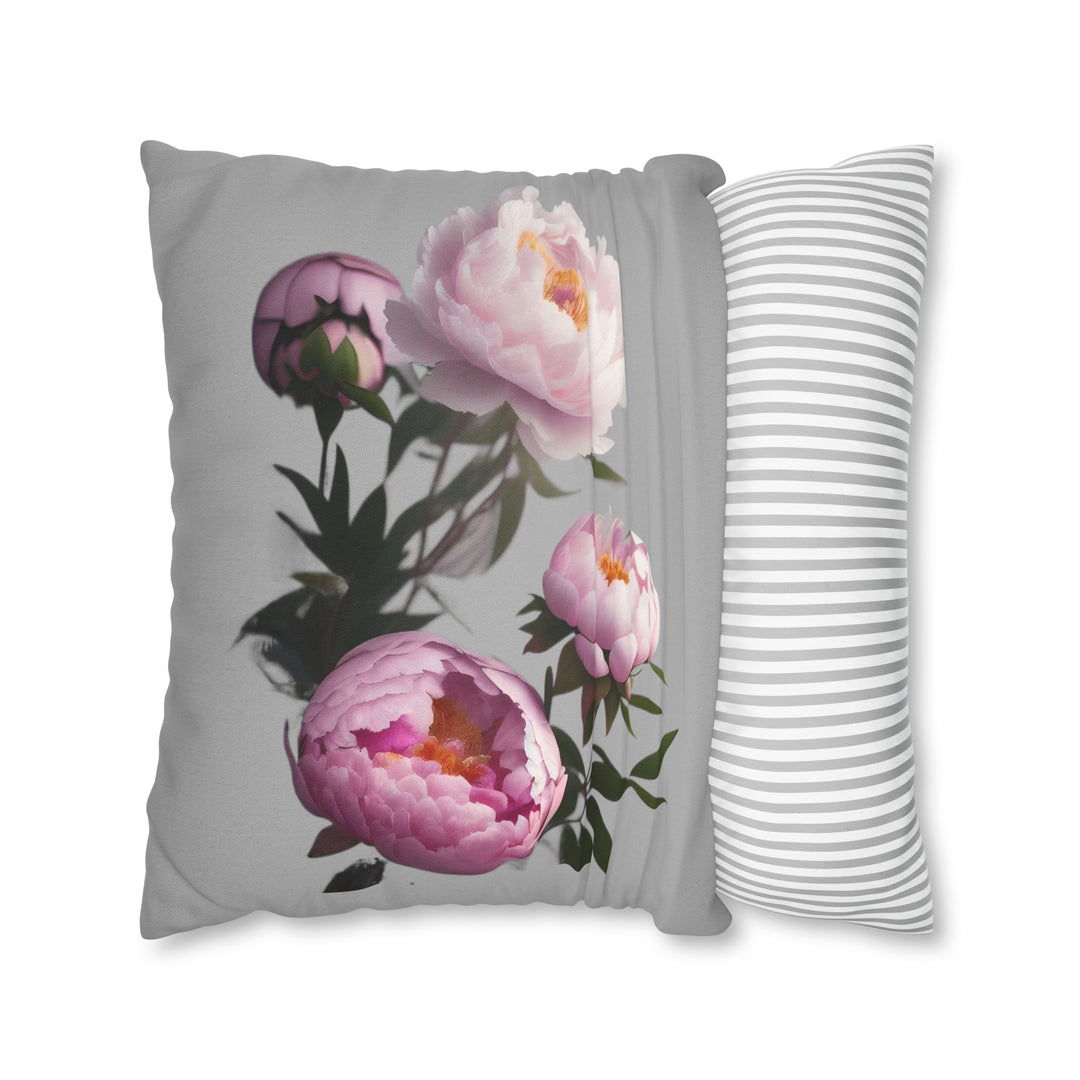 Peony Bouquet on Grey Spun Polyester Square Pillow Case
