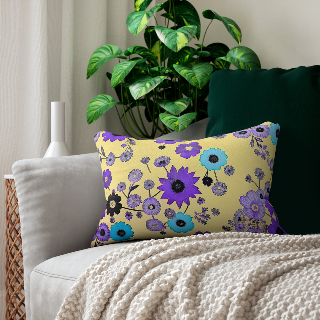 Purple Flowers Dancing on Sunshine Spun Polyester Lumbar Pillow