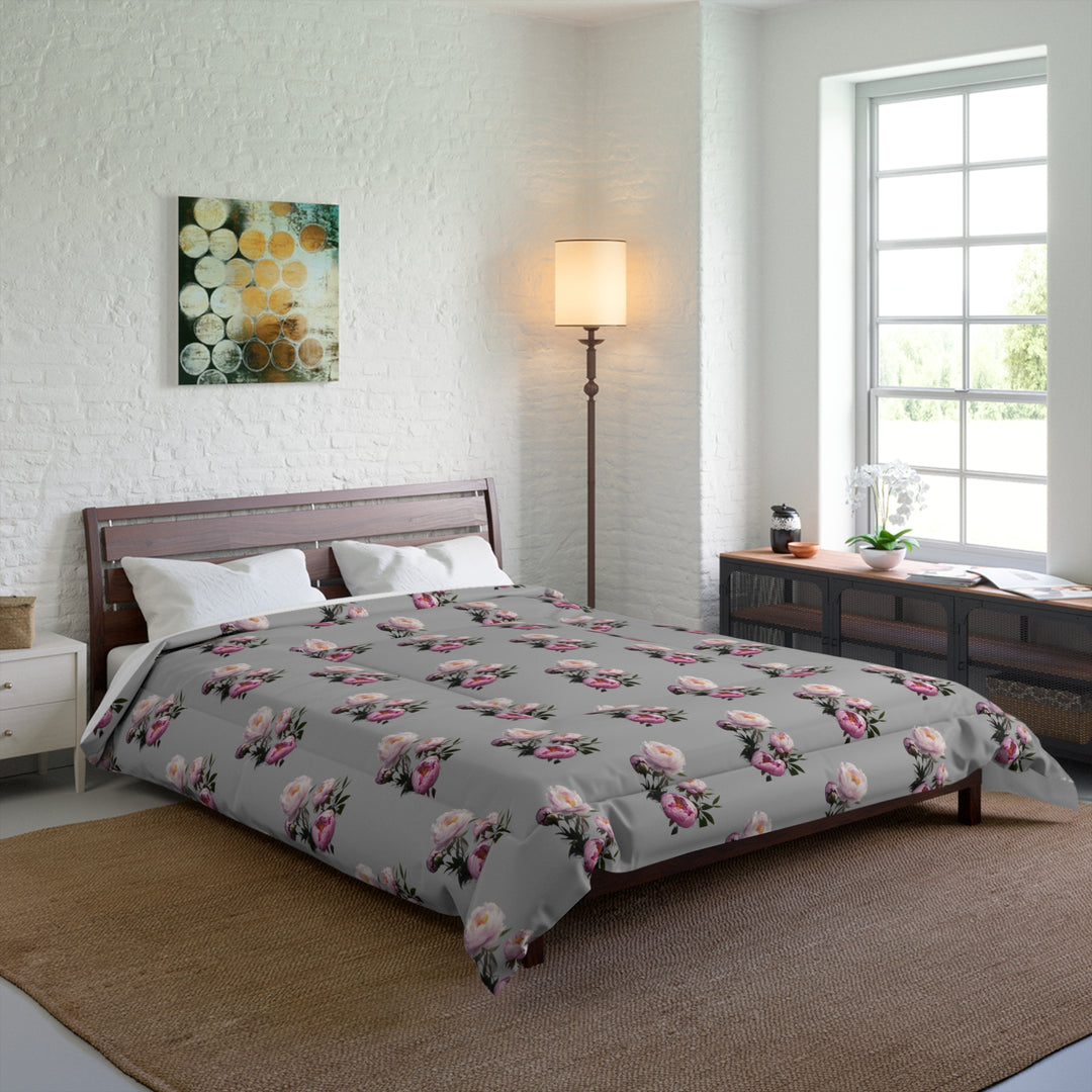 Peony Bouquet on Grey  Comforter