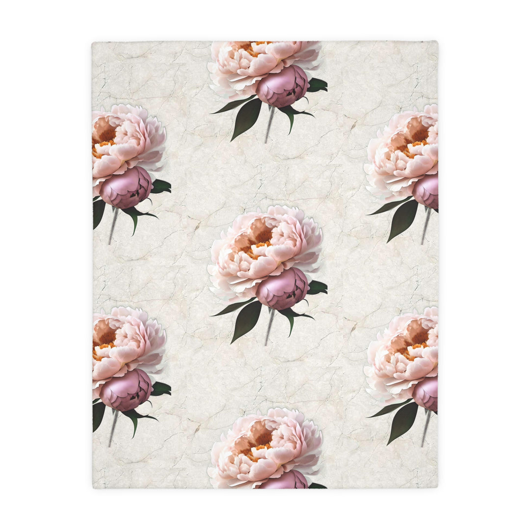 Peach Peony on Marbled Cream Velveteen Minky Blanket (Two-sided print)