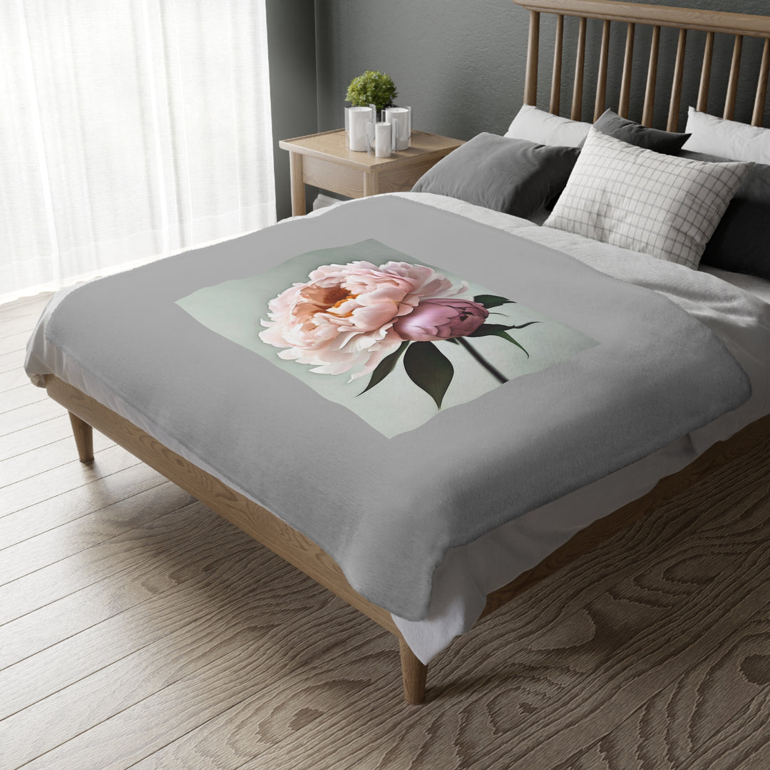 Peach Peony on Mint, grey border Velveteen Minky Blanket (Two-sided print)