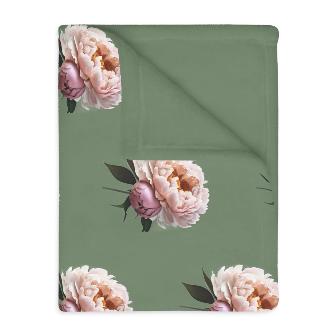 Peach Peony on 1886 Green Velveteen Minky Blanket (Two-sided print)