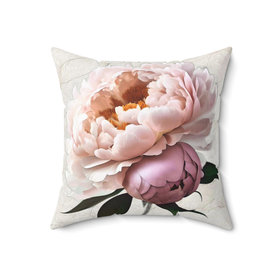 Peach Peony on Marbled Cream Faux Suede Square Pillow