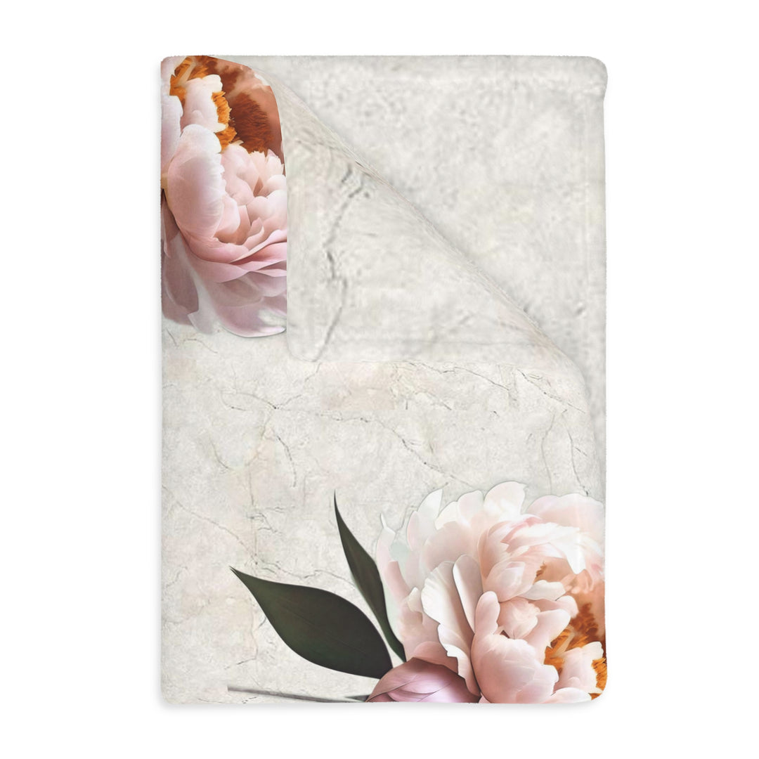 Peach Peony on Marbled Cream Velveteen Minky Blanket (Two-sided print)