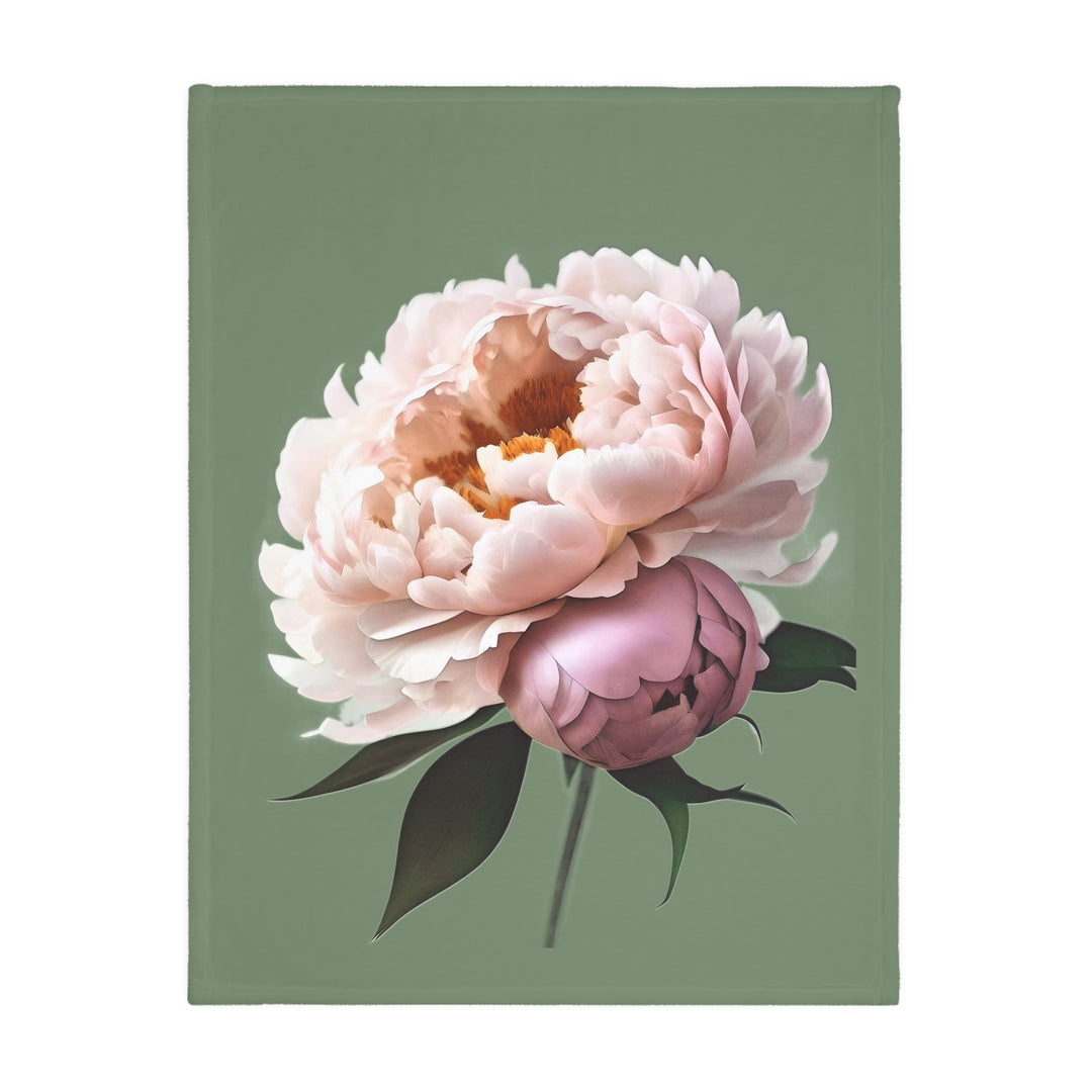 Peach Peony on 1886 Green Velveteen Minky Blanket (Two-sided print)