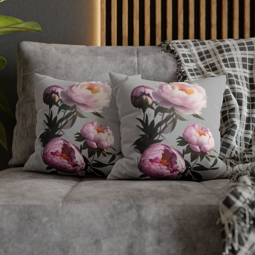 Peony Bouquet on Grey Spun Polyester Square Pillow Case