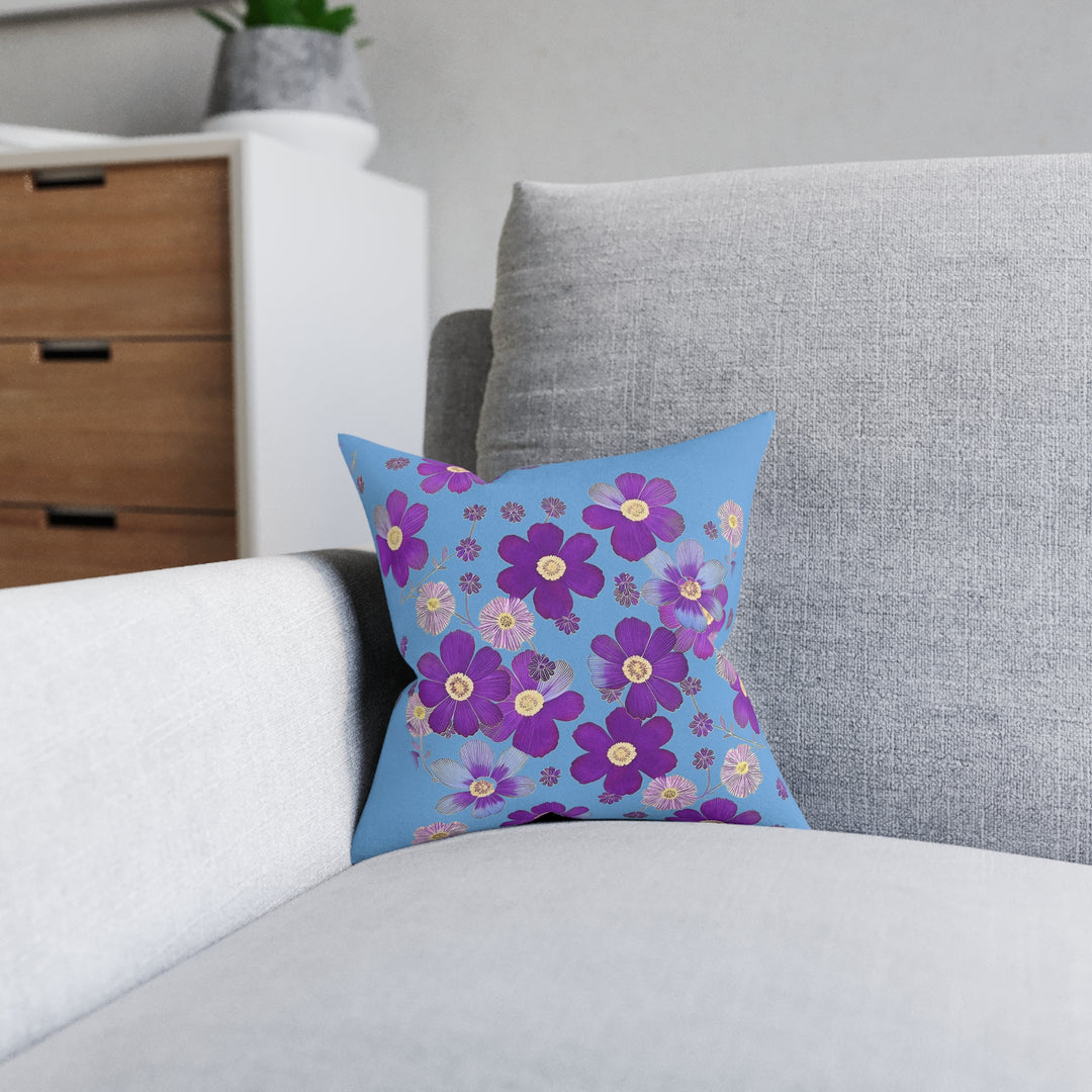 Showers of Blue &Purple Flowers, Square Pillow - Pink Back