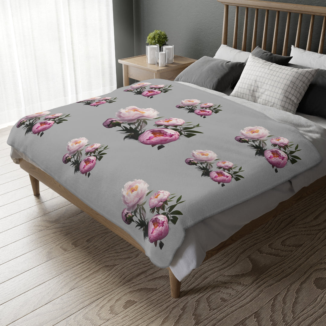 Peony Bouquet on Grey Velveteen Minky Blanket (Two-sided print)