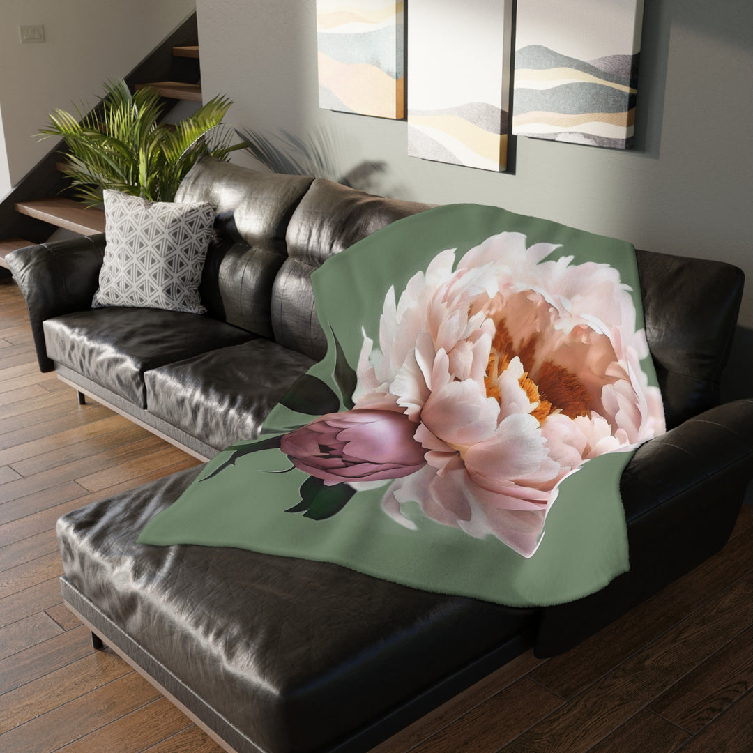 Peach Peony on 1886 Green Velveteen Minky Blanket (Two-sided print)